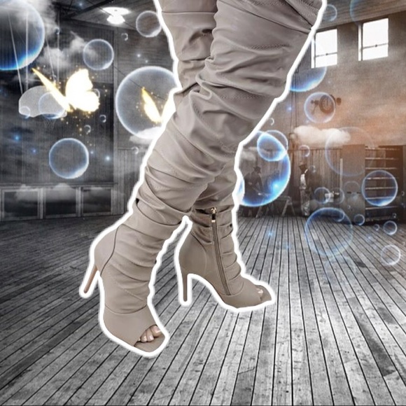 Pazzle Victoria Over The Knee Taupe Faux Leather Ruched Stiletto Thigh High Boot - Picture 9 of 9